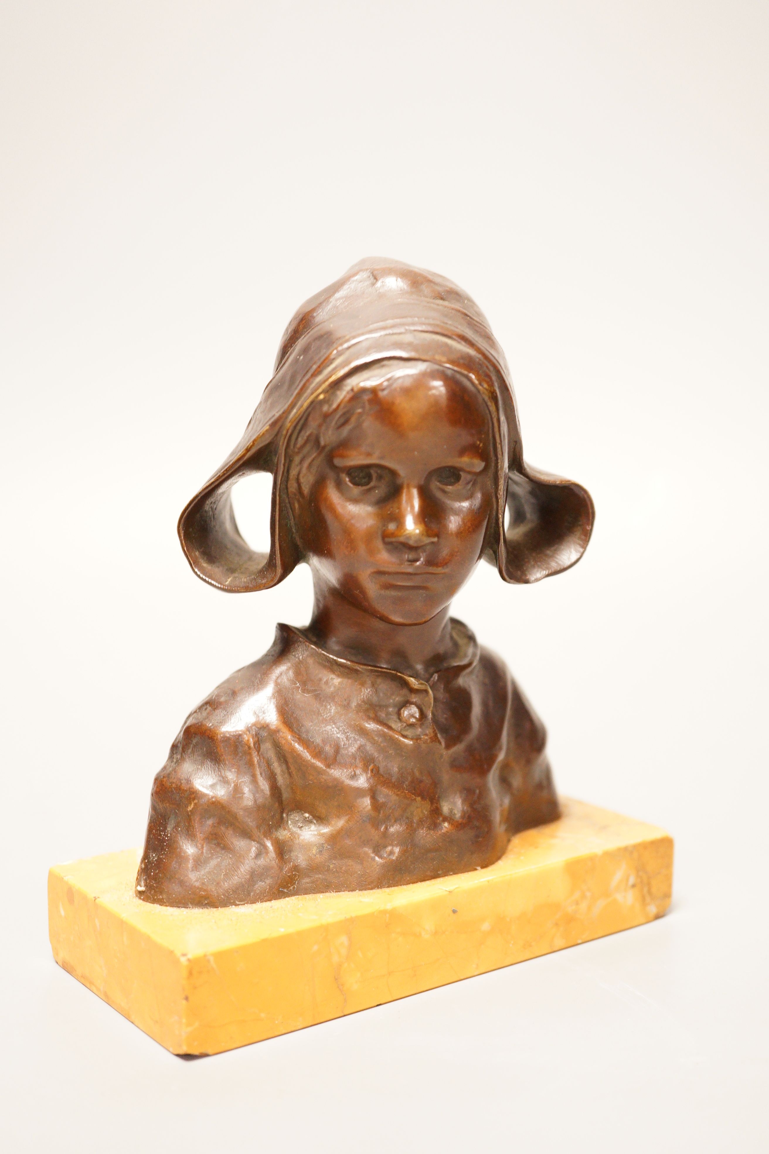 R. Mille (?) a small shoulder length bronze bust, study of a Dutch girl, 17cm tall